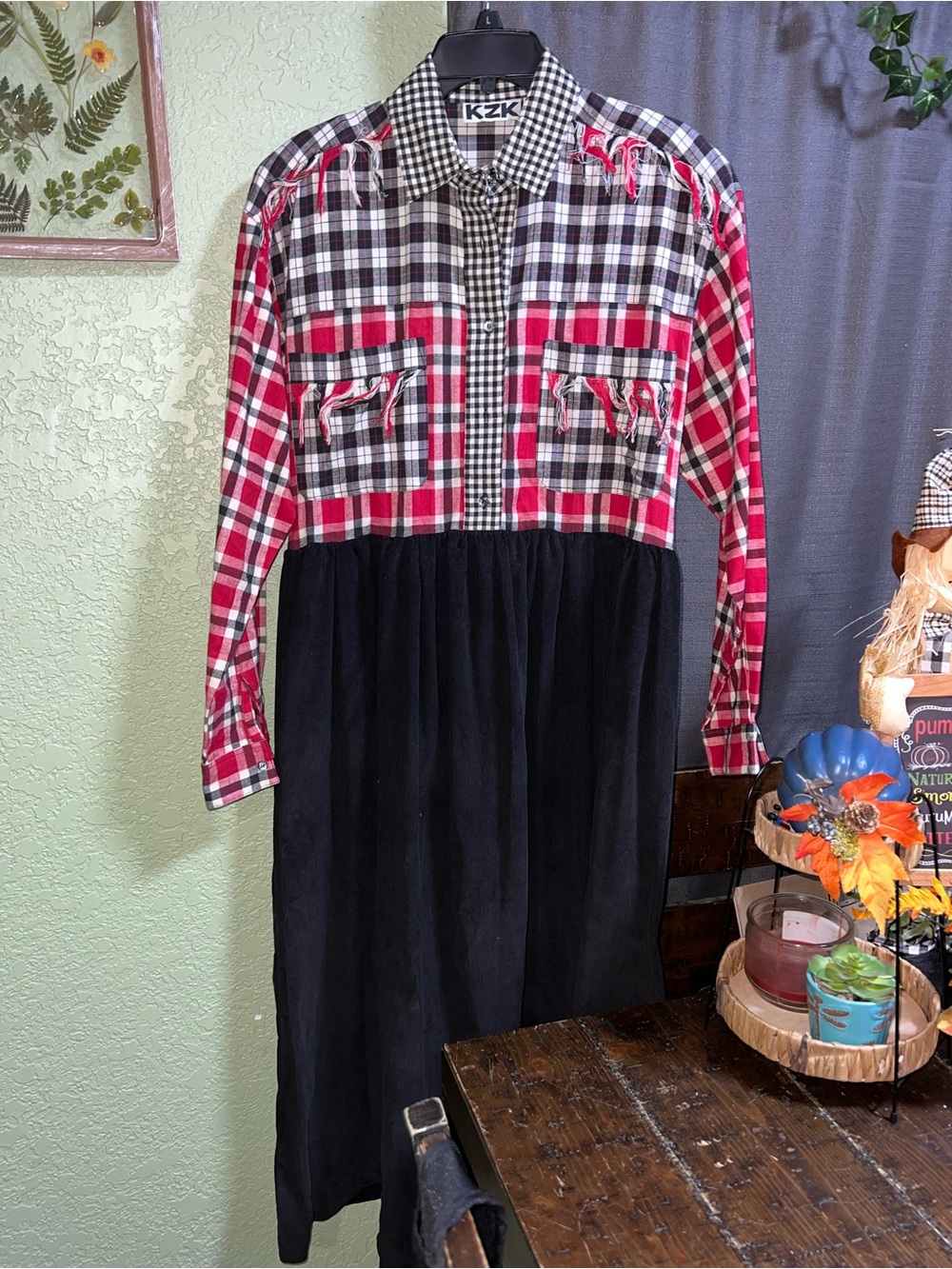 Vintage KZK Flannel Gingham Long Maxi Dress Fall Winter Trendy Fringe Oversized